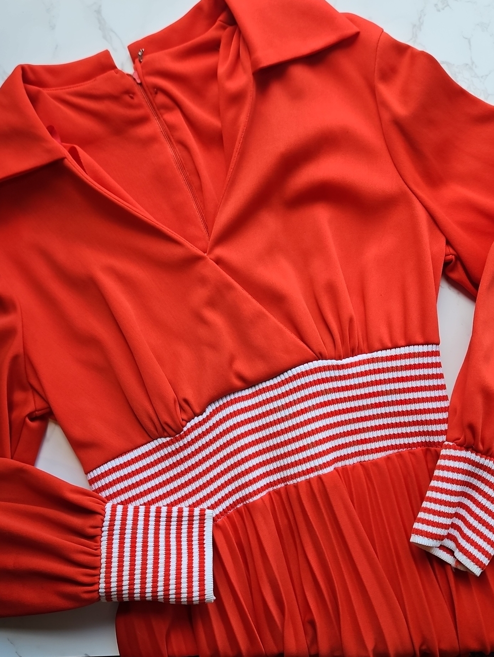 Vintage 70's Dress Red Long Sleeve Pleated Maci Skirt 14